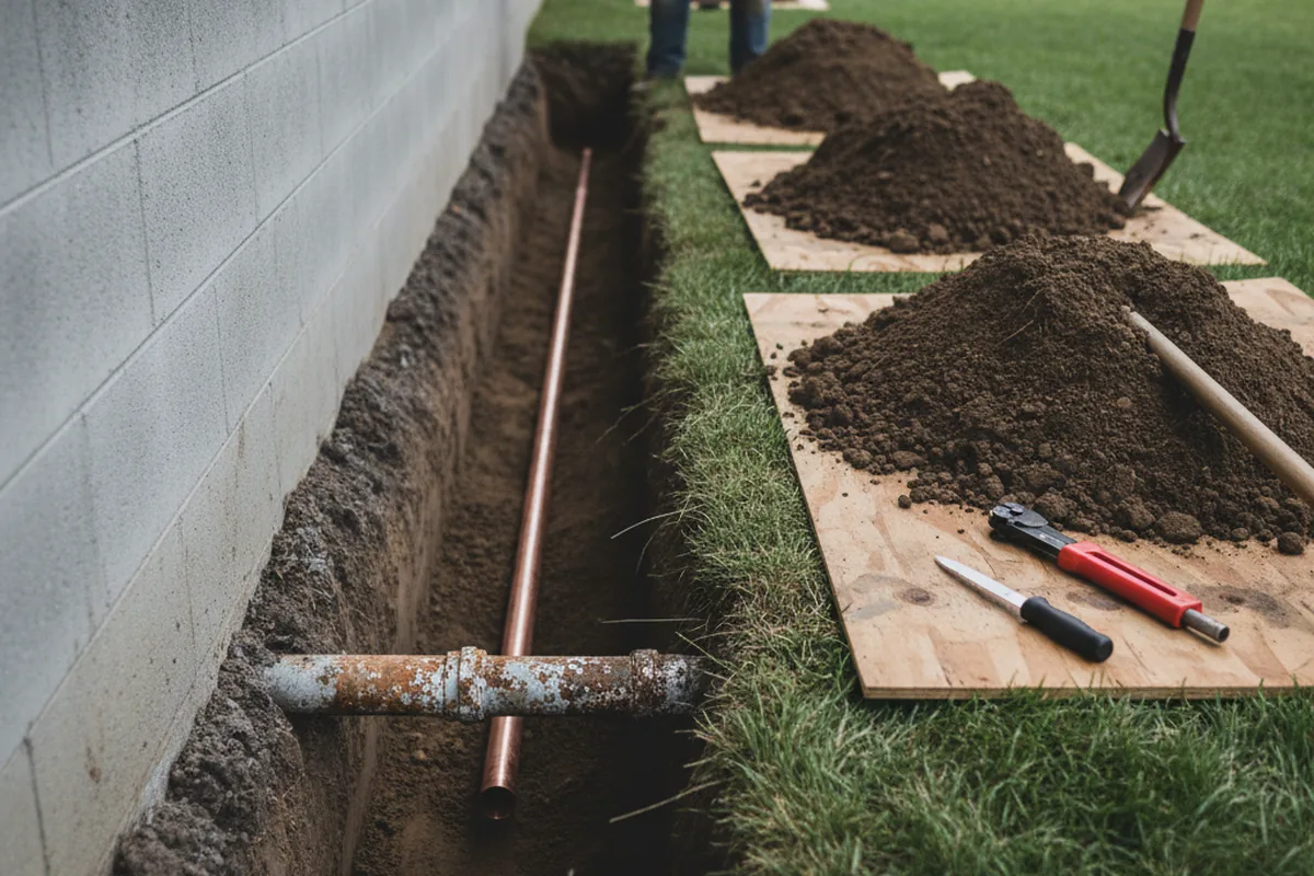 Excavated water line trench during Sewer Line Repair in Choctaw